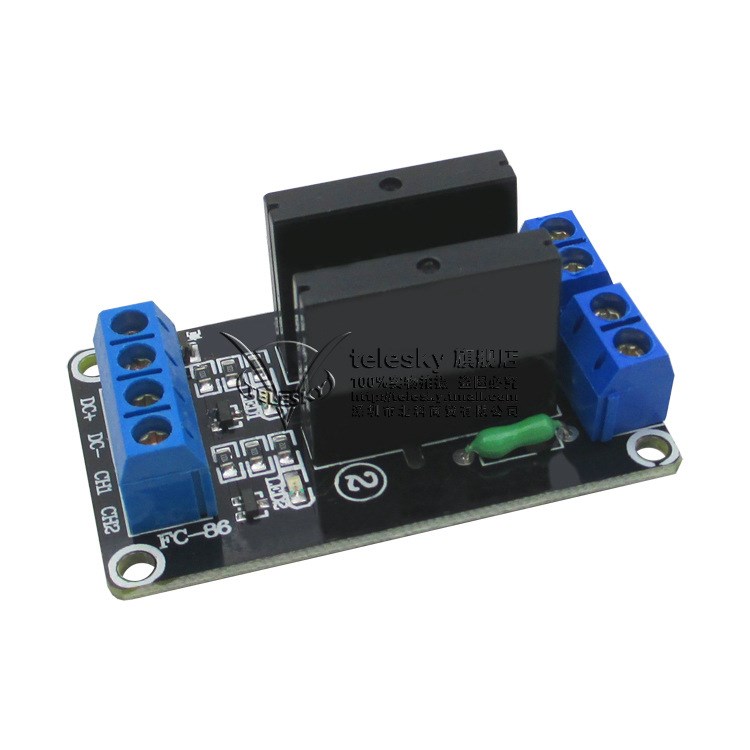 2路继电器模块 DC5V 高电平触发带保险丝 5V 固态继电器250V 2A 1.5V高电平固态继电器模块 产品介绍: 1、5V固态继电器240V 2A,输出带电阻式保险丝240V 2A. 2 、尺寸:55*33*25(长*宽*高)净重:21.5g 3 、输入电源:5V DC (160MA) 4 、输入控制信号电压: (0-2.5V状态低电平 继电器OFF) (3.