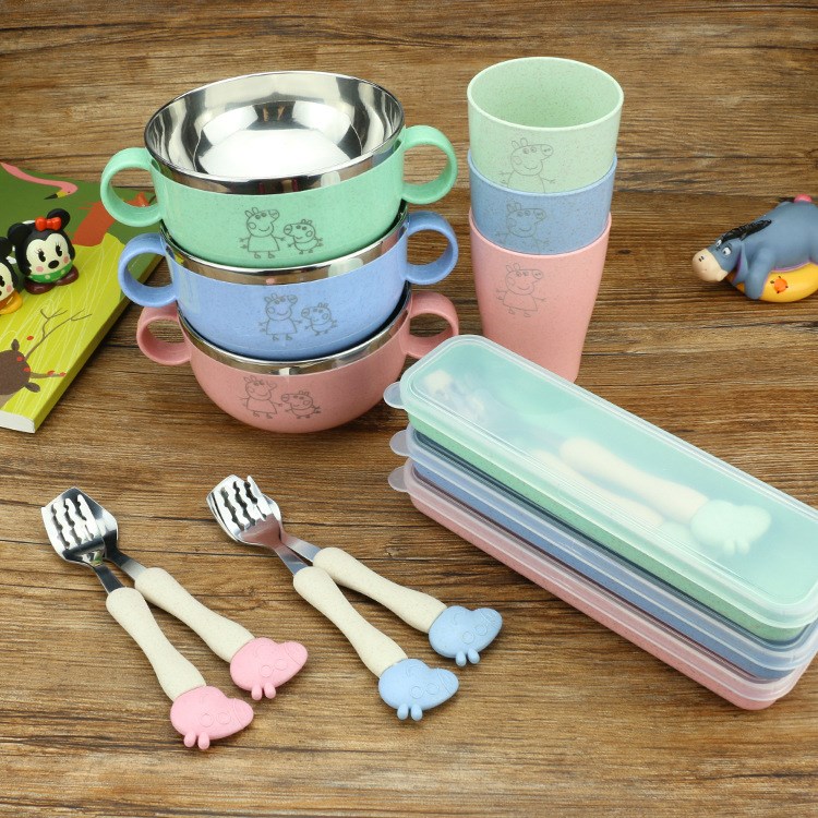 不锈钢碗勺叉儿童餐具 卡通幼儿园便携赠品 小麦杯碗