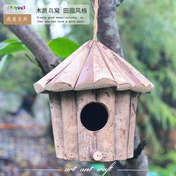 手工木质环保鸟屋厂家 白木圆鸟屋工艺品 实木防腐鸟