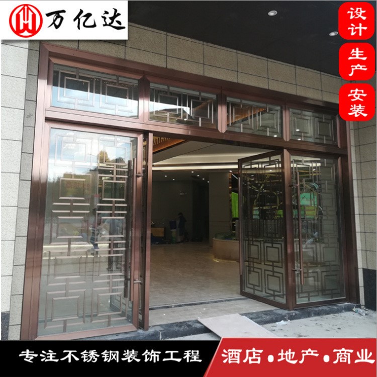 【佛山地弹门】佛山直销酒店中式仿古不锈钢双开大门双玻璃夹花地弹簧