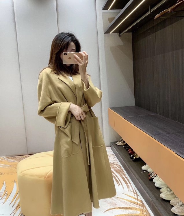 意大利名门2019秋冬m家labbro驼色长款水波纹双面山羊绒大衣女秋