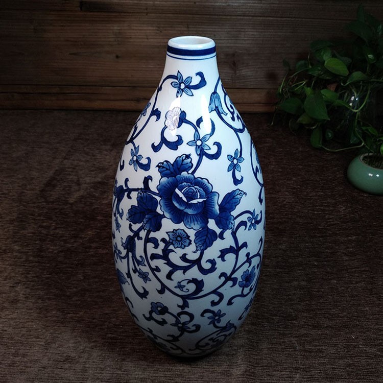 【青花缠枝莲赏瓶】手绘青花缠枝莲陶瓷花瓶 赏瓶 棒槌瓶家居客厅办公