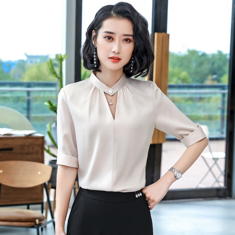v领中袖白衬衫女2019春夏新款宽松百搭上衣夏装韩版高档女士衬衣