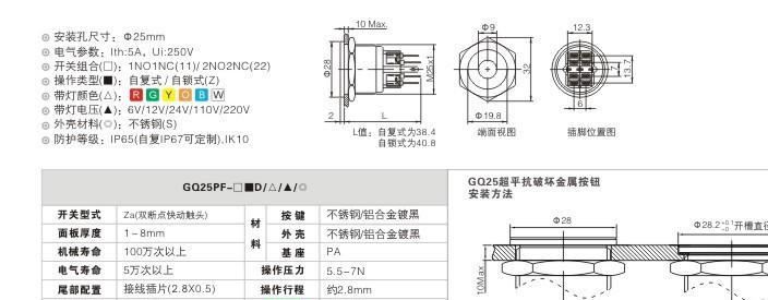 GQ25系列金屬按鈕開關 平點帶燈按鈕 復位按鈕開關 電源按鈕開關示例圖5