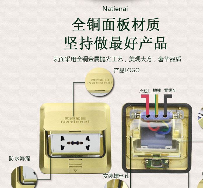 金銅防水彈起式地板地面大六孔插座銅色底盒金屬地插系列廠家批發(fā)示例圖2