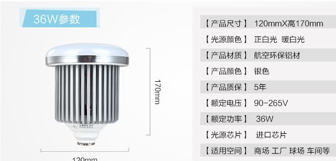 36W50w大功率球泡/E27螺口/led球泡/蘑菇泡工廠照明燈工礦燈示例圖14