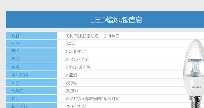 飛利浦led燈泡E14蠟燭燈尖泡節(jié)能泡3.5w小螺口示例圖21