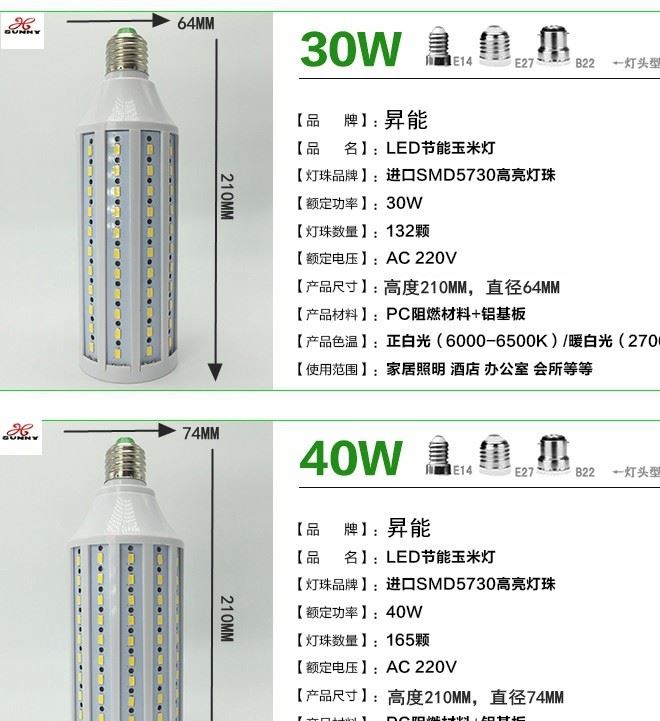 批發(fā)LED燈泡 節(jié)能燈led玉米燈5730高亮220V家用E27螺口40W恒流燈示例圖9