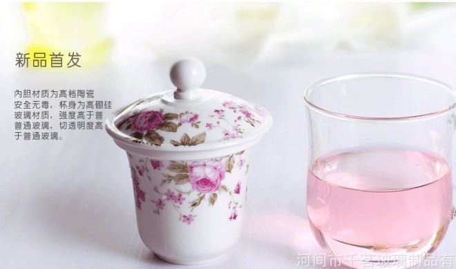 創意耐熱玻璃杯茶具花茶杯情侶水杯帶蓋陶瓷內膽過濾三件式泡茶杯示例圖3