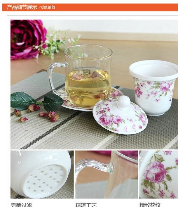 創意耐熱玻璃杯茶具花茶杯情侶水杯帶蓋陶瓷內膽過濾三件式泡茶杯示例圖10