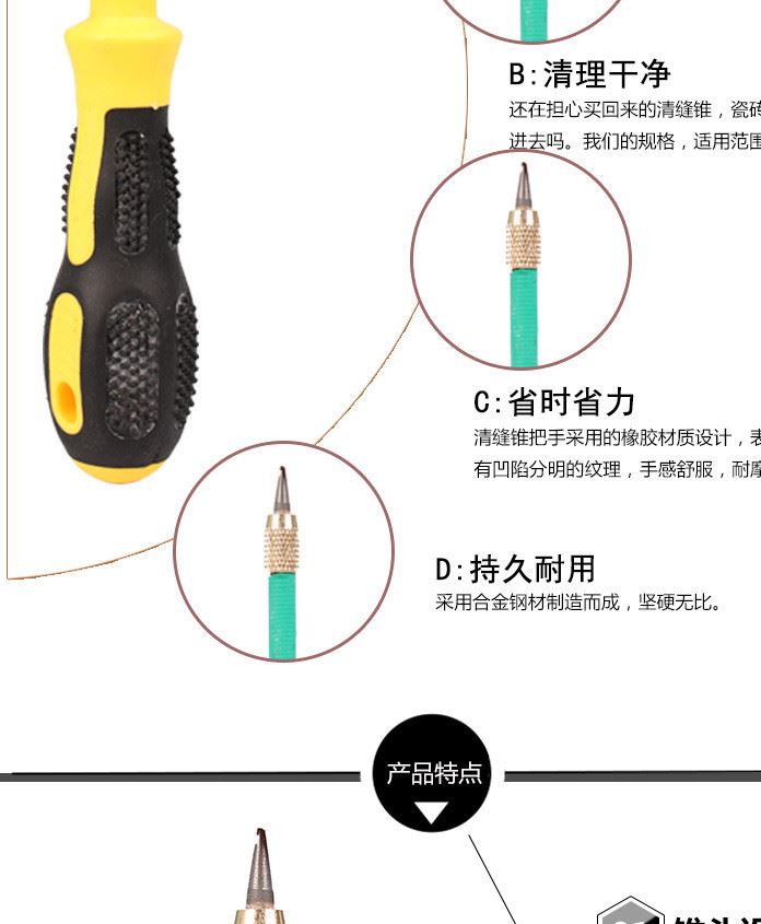 蒂森瓷磚美縫開槽器 鎢鋼合金耐磨清縫錐 美縫劑施工專用清縫工具示例圖123