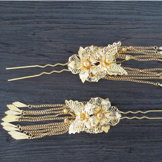 新款中式新娘發簪秀禾服金色步搖流蘇對簪古裝古典宮廷發叉飾品示例圖1