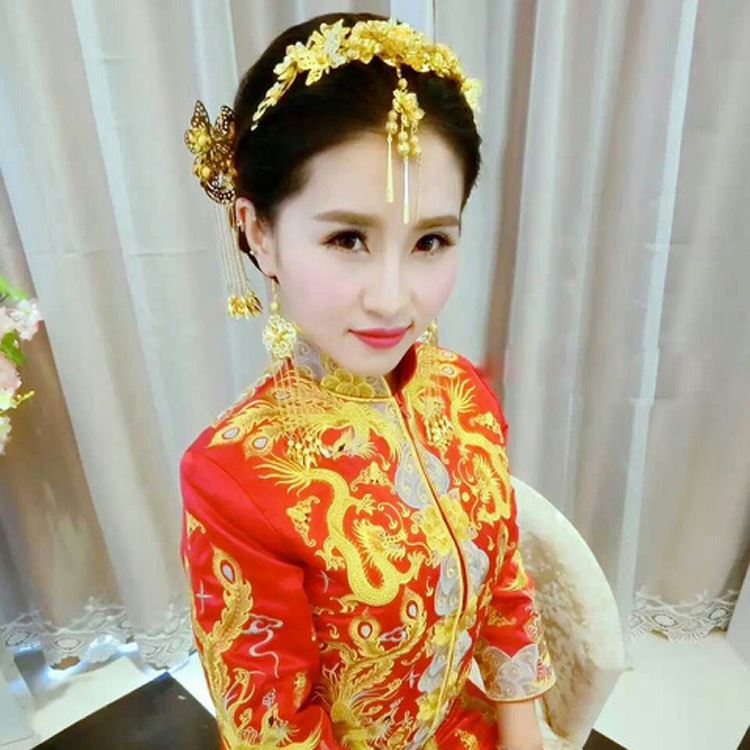 新娘飾品金色套裝夢蝶中式結(jié)婚頭飾發(fā)簪古典流蘇古裝旗袍禮服發(fā)飾示例圖1