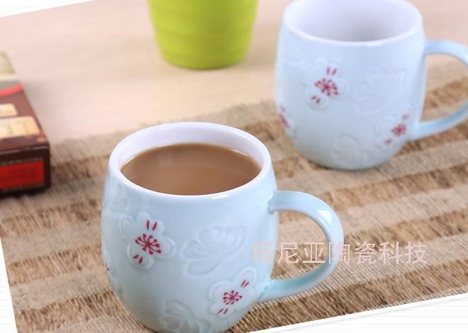 桃花飄逸浮雕馬克杯 情侶咖啡杯 創意龍泉陶瓷杯 禮品杯logo定制示例圖11