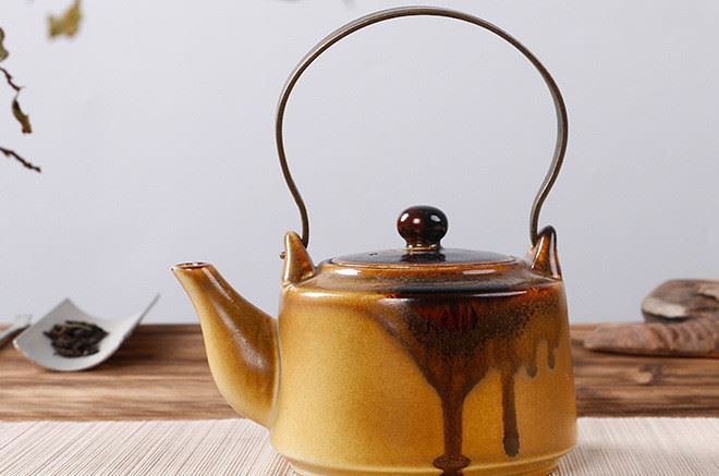 陶瓷提梁壺 普洱壺茶壺 功夫茶具單壺 繪金創意泡茶器 仿古柴燒示例圖2