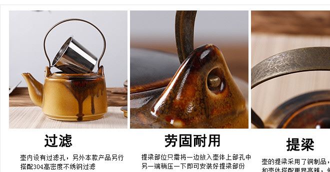 陶瓷提梁壺 普洱壺茶壺 功夫茶具單壺 繪金創意泡茶器 仿古柴燒示例圖9