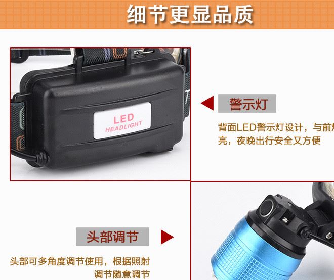 【爆款】XPE藍(lán)白雙光源T6強(qiáng)光遠(yuǎn)射頭燈 LED變焦防水充電釣魚示例圖7