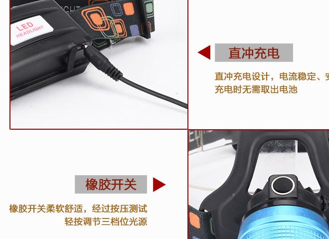 【爆款】XPE藍(lán)白雙光源T6強(qiáng)光遠(yuǎn)射頭燈 LED變焦防水充電釣魚示例圖8
