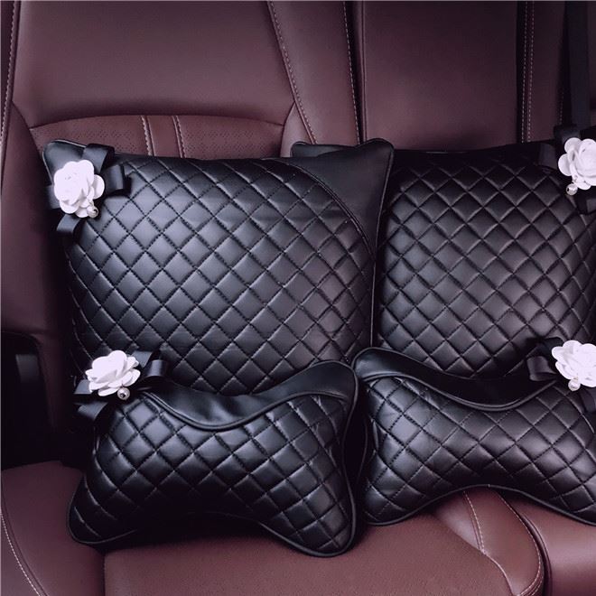 韓國珍珠山茶花真皮汽車頭枕 車用車載骨頭枕內飾車飾品 新款示例圖6
