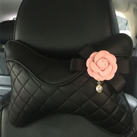 韓國珍珠山茶花真皮汽車頭枕 車用車載骨頭枕內飾車飾品 新款示例圖9