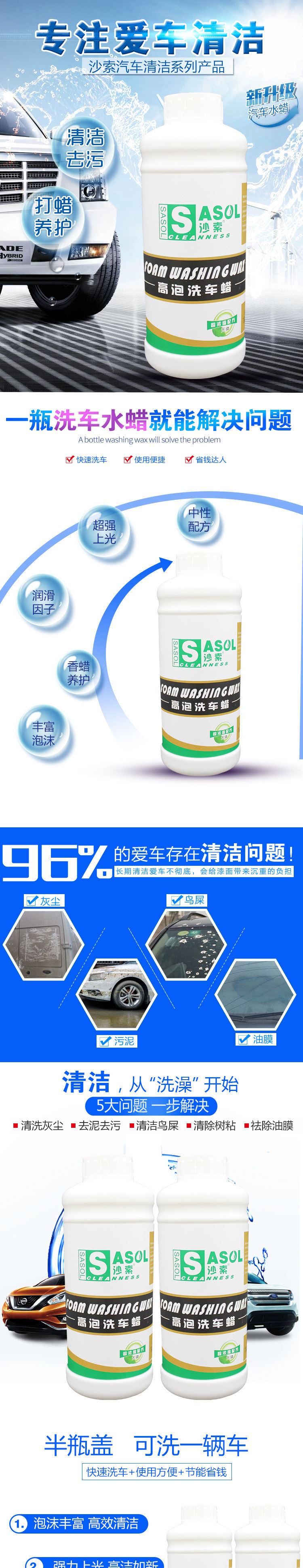 高泡洗車水蠟 1000克 洗車液香波 泡沫豐富粘稠 免擦洗輪胎蠟示例圖6