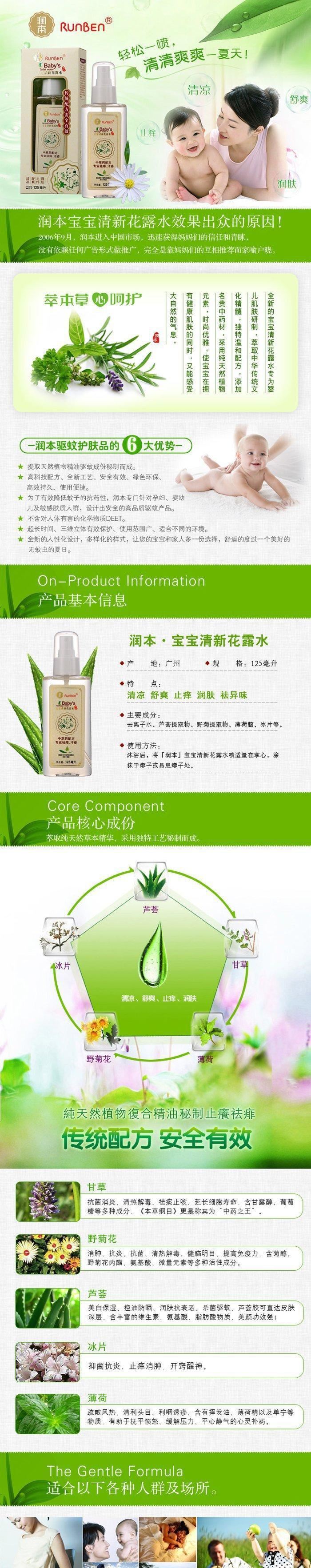 供應(yīng) 潤(rùn)本寶寶清新花露水 125ml 清涼 舒爽 止癢 潤(rùn)膚 祛除異味示例圖1