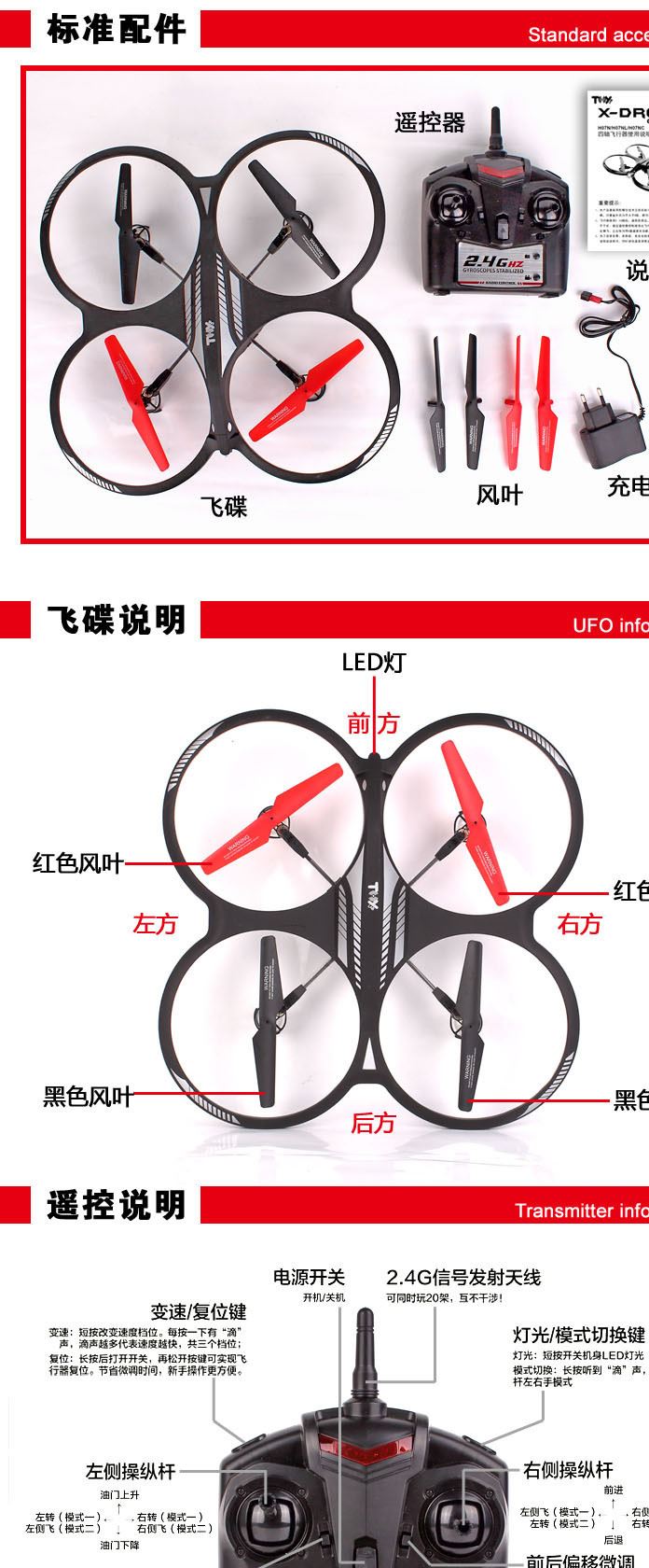 電動(dòng)遙控玩具模型 航模2.4G高頻四軸 燈光UFO示例圖10