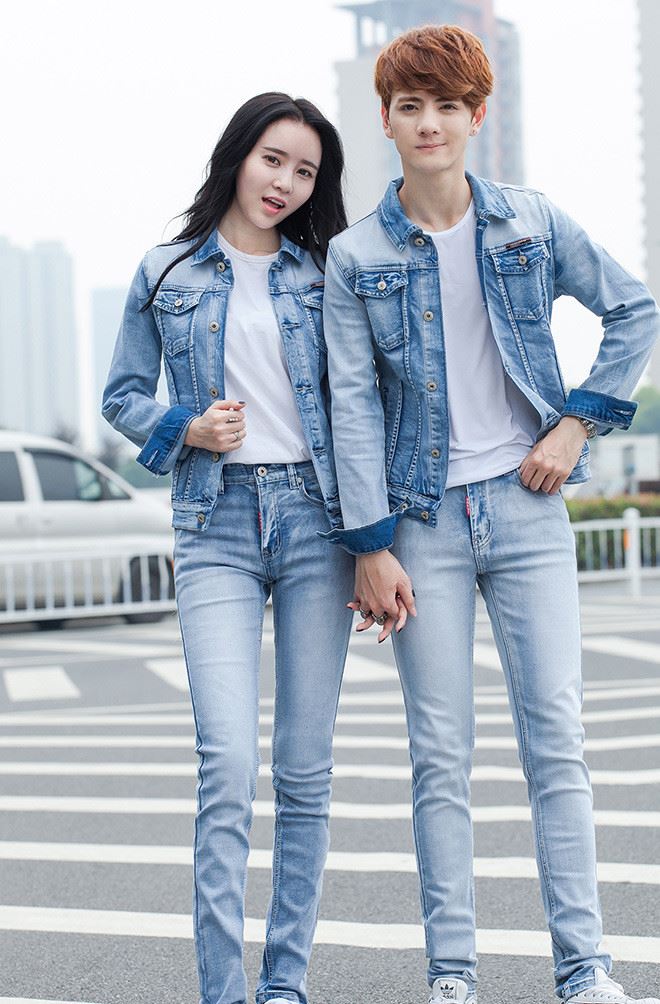 一件代發(fā) 街拍 男女韓版修身微彈情侶套裝夾克牛仔套裝示例圖6