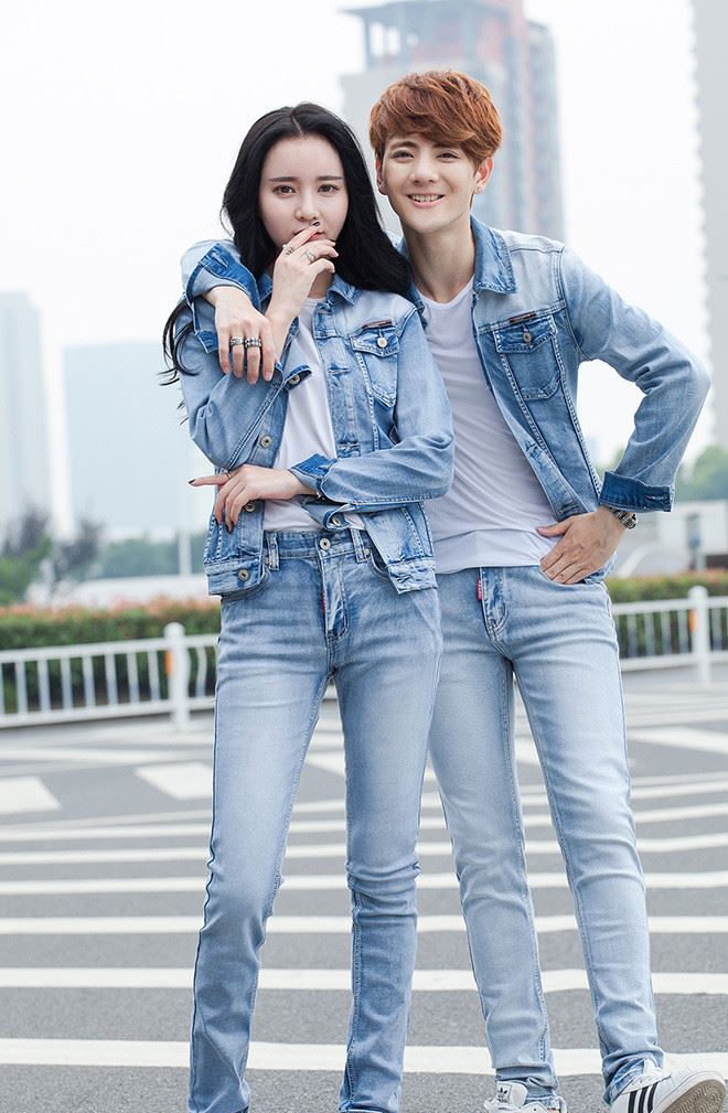 一件代發(fā) 街拍 男女韓版修身微彈情侶套裝夾克牛仔套裝示例圖7