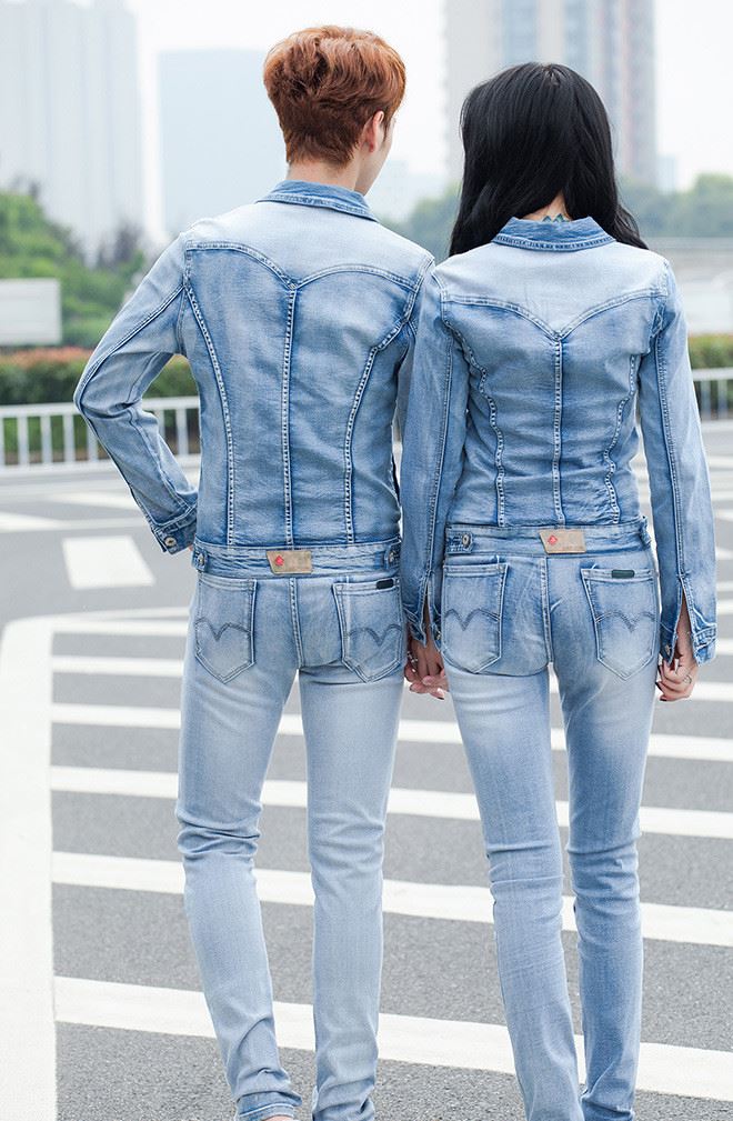 一件代發(fā) 街拍 男女韓版修身微彈情侶套裝夾克牛仔套裝示例圖9
