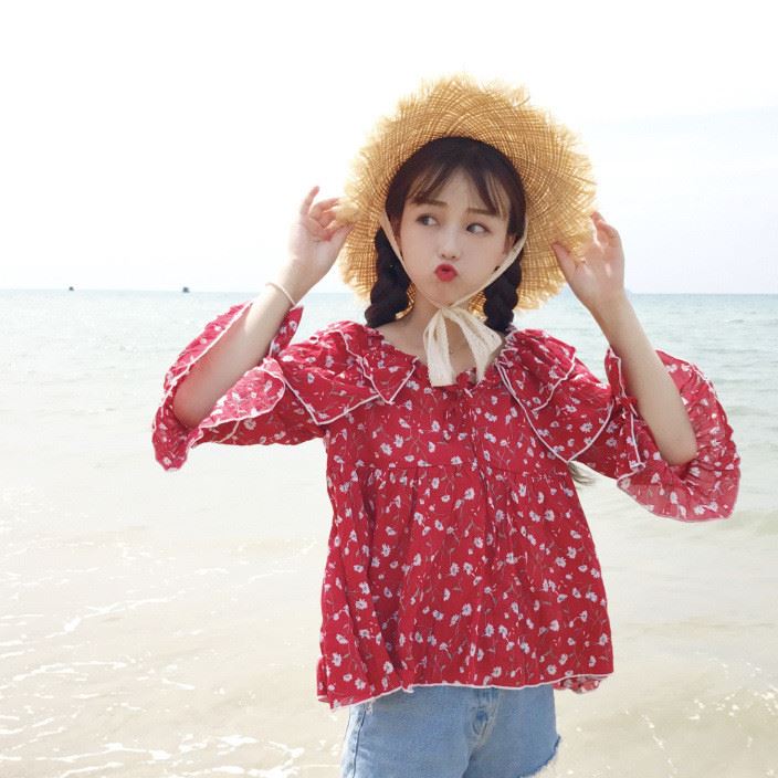 實(shí)拍 2017夏季新款女裝 甜美可愛少女風(fēng)荷葉邊系帶棉布上衣女示例圖3