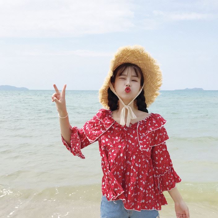 實(shí)拍 2017夏季新款女裝 甜美可愛少女風(fēng)荷葉邊系帶棉布上衣女示例圖6