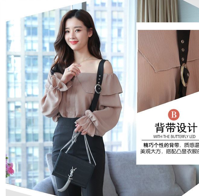 2018女上新一字領荷葉邊色雪紡衫高腰黑色背帶褲女長褲時尚套裝示例圖7
