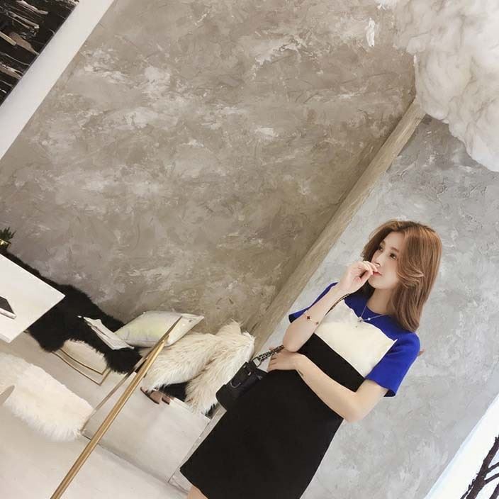夏裝2018新款中長款復古拼色直筒短袖針織裙女百搭寬松T恤連衣裙示例圖3