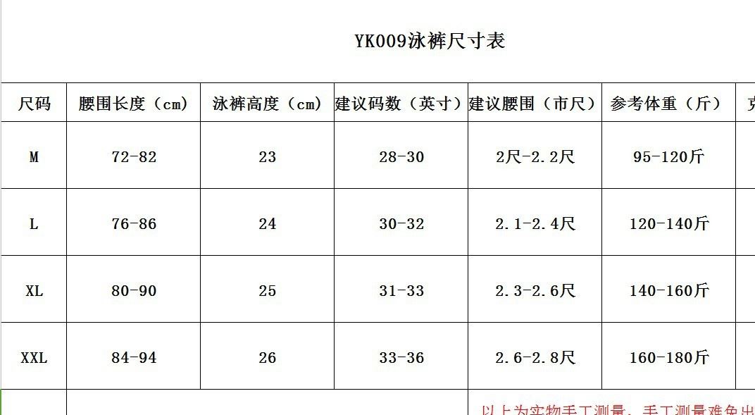 YK009男士泳褲尺寸表