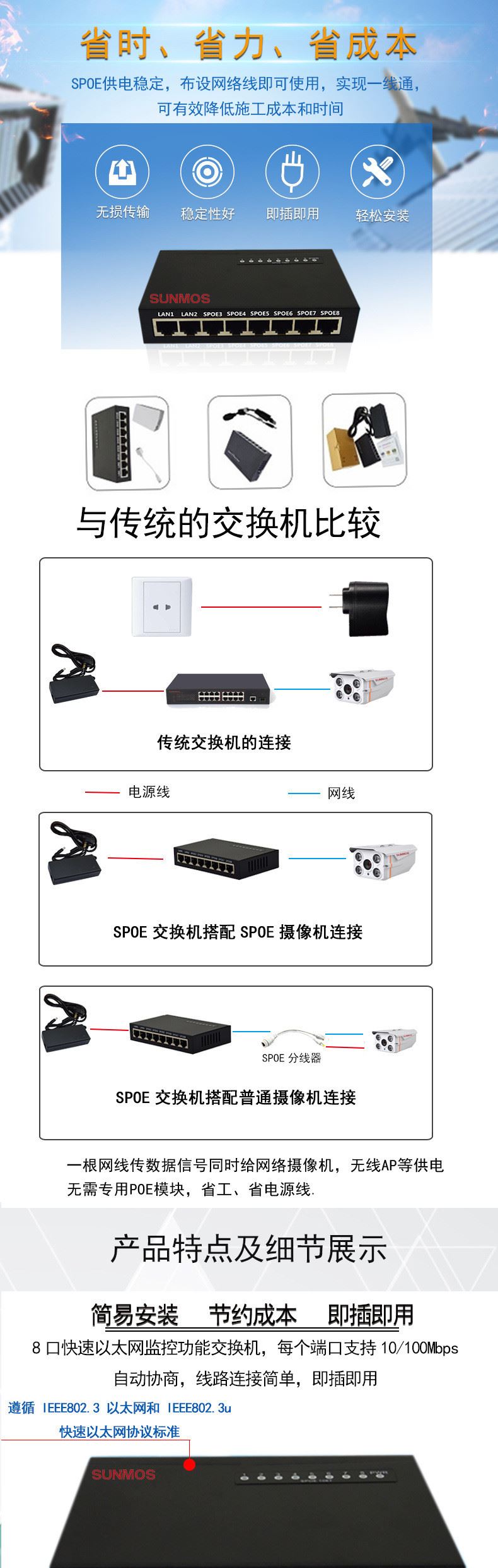 三目 交換機(jī)8口無線poe供電交換機(jī) 監(jiān)控網(wǎng)絡(luò)百兆交換機(jī) 鐵殼隔離示例圖1