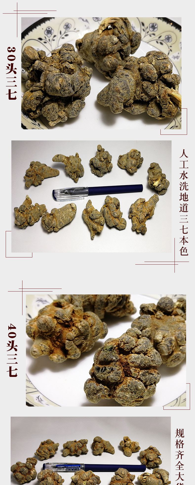 批發中藥材 云南文山三七 水洗春三七散裝田七 18頭20頭30頭三七示例圖12
