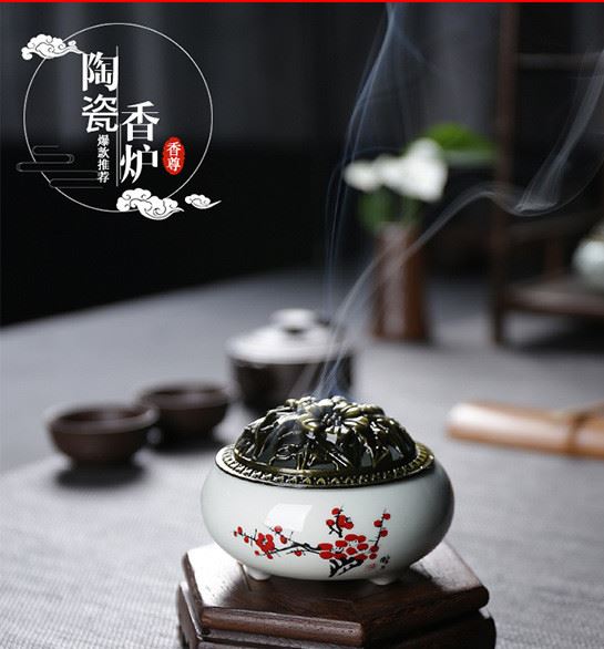 廠家批發(fā) 創(chuàng)意陶瓷香薰?fàn)t青瓷銅蓋線香盤香爐蓮花手工香插爐擺件示例圖1
