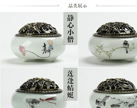 廠家批發(fā) 創(chuàng)意陶瓷香薰?fàn)t青瓷銅蓋線香盤香爐蓮花手工香插爐擺件示例圖6