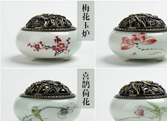 廠家批發(fā) 創(chuàng)意陶瓷香薰?fàn)t青瓷銅蓋線香盤香爐蓮花手工香插爐擺件示例圖7
