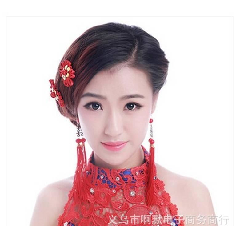 新娘錦鴛紅色發(fā)飾發(fā)夾結(jié)婚頭飾中式敬酒禮服配飾示例圖1