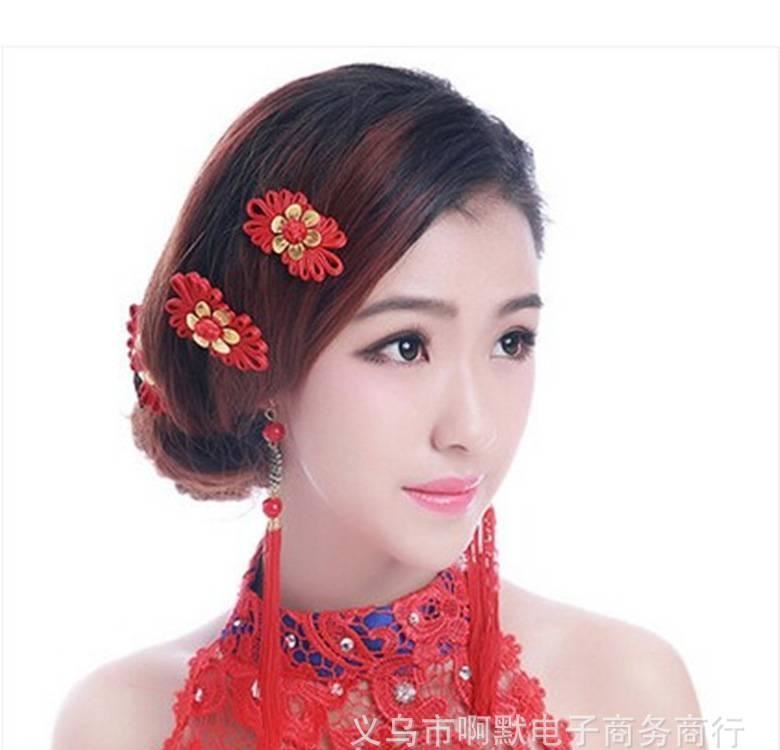 新娘錦鴛紅色發(fā)飾發(fā)夾結(jié)婚頭飾中式敬酒禮服配飾示例圖2