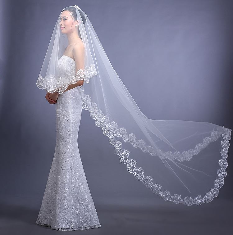 婚紗禮服頭紗2015新款奢華花邊新娘結(jié)婚蕾絲女婚紗白色花邊頭紗示例圖1