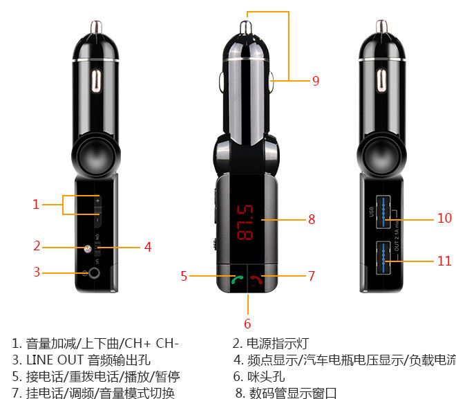 BC06S 廠家直銷 車載藍(lán)牙FM發(fā)射器 藍(lán)牙AUX音頻接收器 二合一新品示例圖16