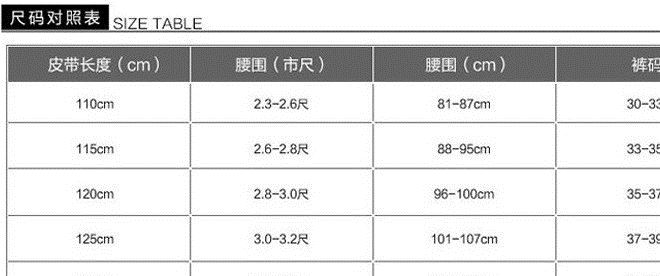 皮帶尺碼對(duì)照表