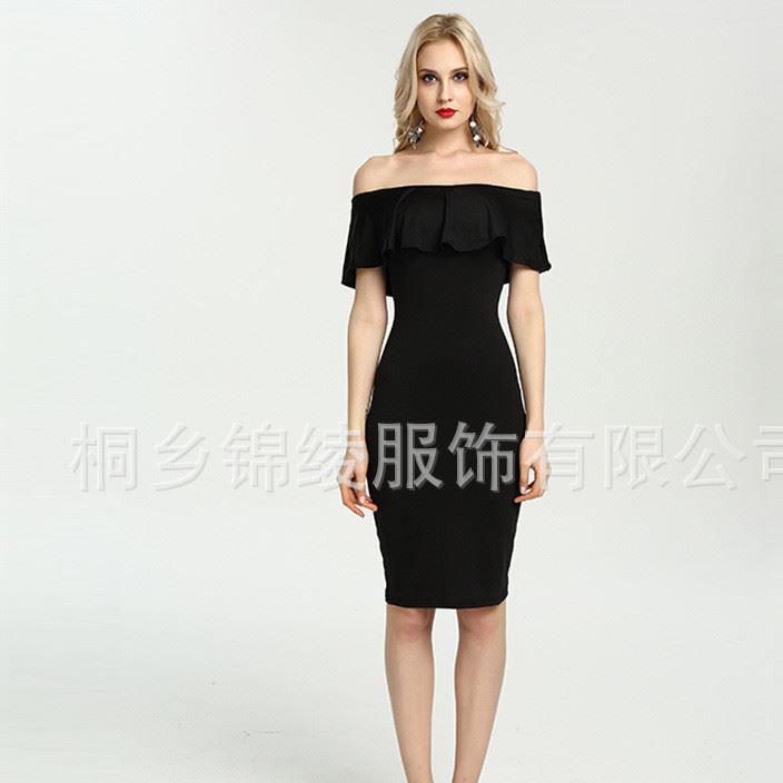 跨境女裝速賣通包臀性感修身Wish中長款一字領荷葉邊夜店連衣裙示例圖3