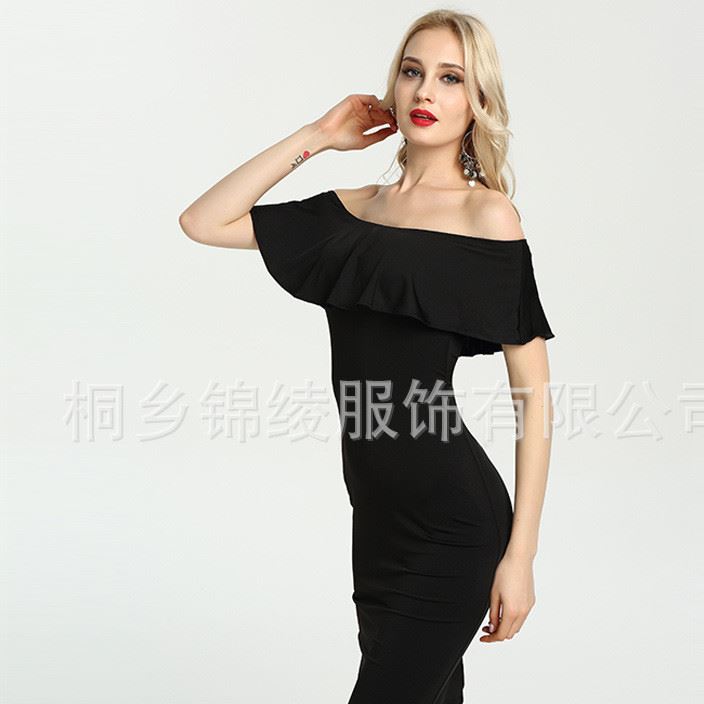 跨境女裝速賣通包臀性感修身Wish中長款一字領荷葉邊夜店連衣裙示例圖4