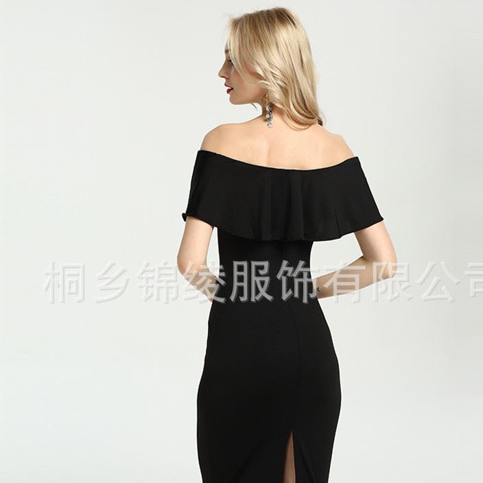 跨境女裝速賣通包臀性感修身Wish中長款一字領荷葉邊夜店連衣裙示例圖5
