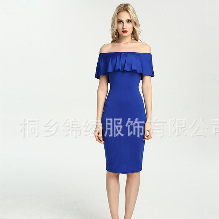 跨境女裝速賣通包臀性感修身Wish中長款一字領荷葉邊夜店連衣裙示例圖6