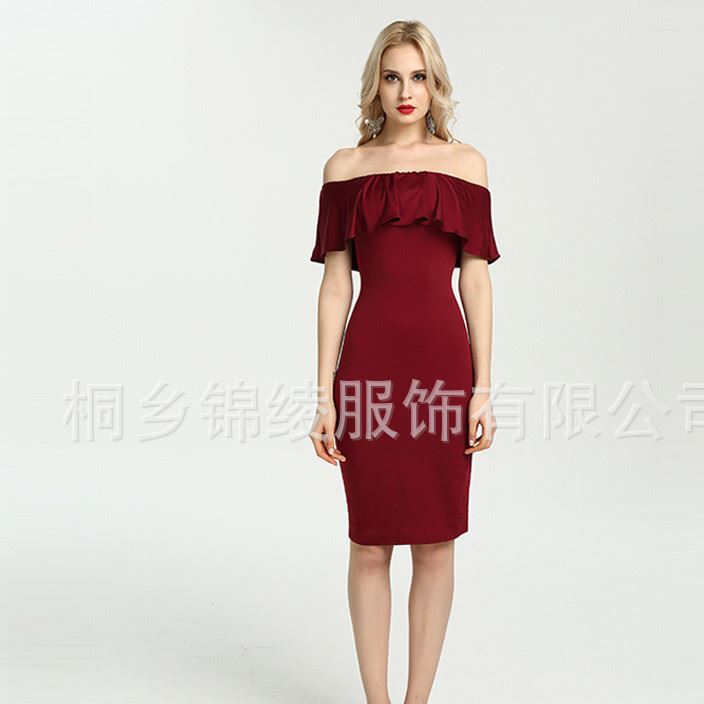 跨境女裝速賣通包臀性感修身Wish中長款一字領荷葉邊夜店連衣裙示例圖10